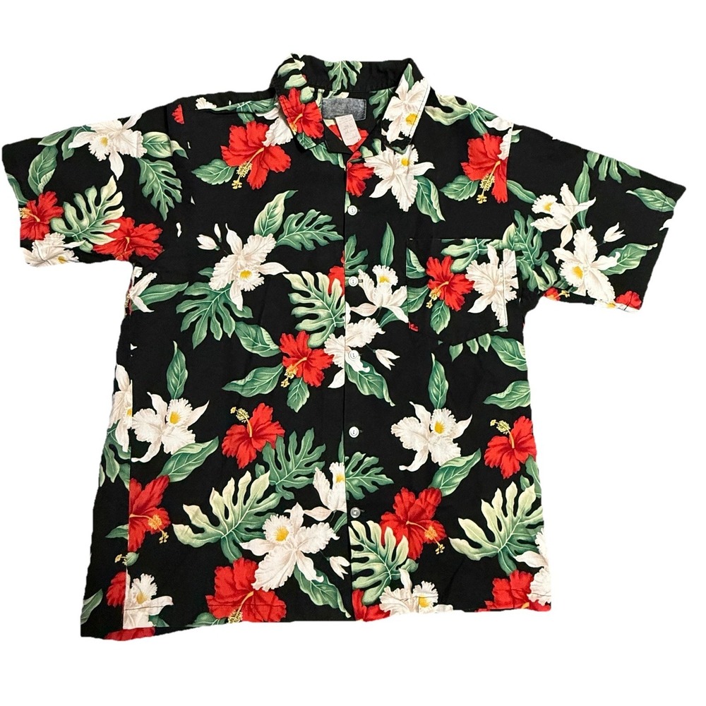 VTG Black Floral Hawaiian Shirt Hibiscus Flowers. Size L Large‎ Made In The USA